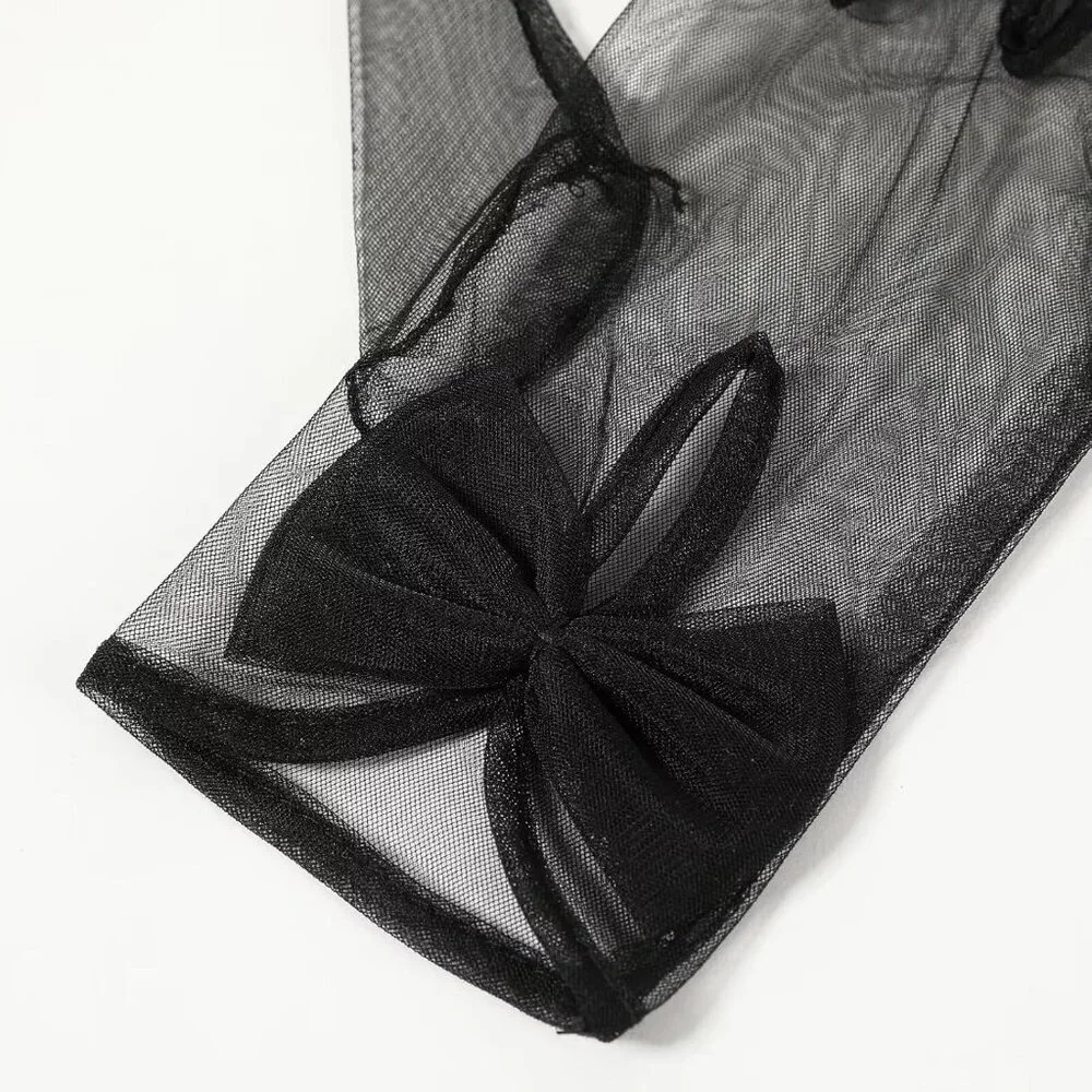 Women's Bow Pink Evening Sheer Tulle Short Length Gloves Wrist Tea Party Prom